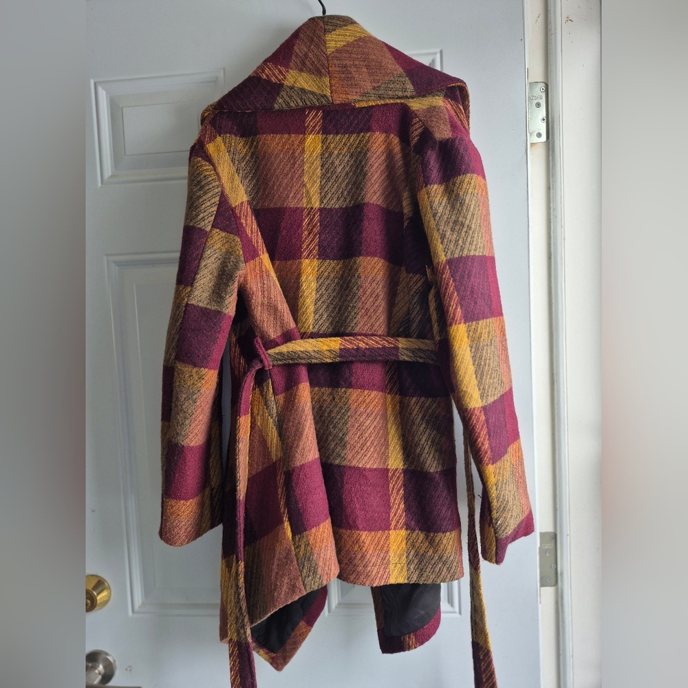 Chicwish Prairie Rabato Wrap Fall Coat Jacket Wool Burgundy/Mustard Yellow Plaid - Picture 2 of 14